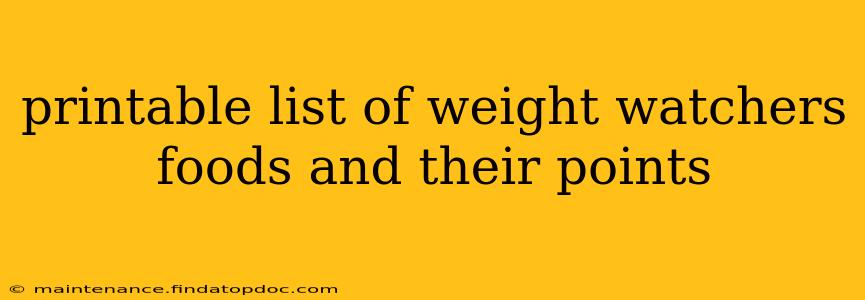 printable list of weight watchers foods and their points